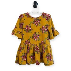 Harper Canyon Girls Mustard Floral Print Ruffle Sleeve Tiered Dress